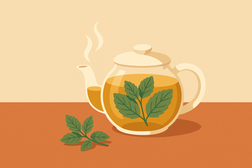 Ilustración de tetera con té verde y hojas de hierbabuena fresca
