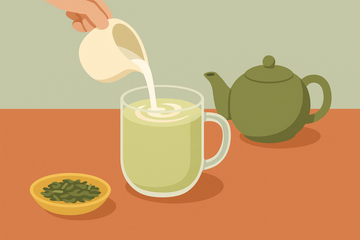 Ilustración de un latte de té verde: jarra vertiendo leche sobre una taza de cristal con té verde, junto a una tetera y hojas de té