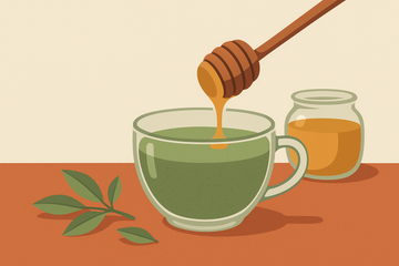 Ilustración de taza de té verde con un chorrito de miel dorada sobre fondo crema