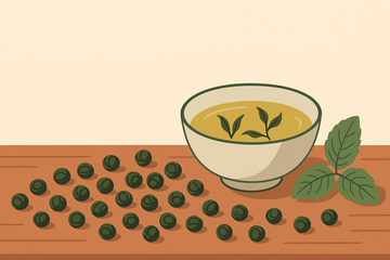 Ilustración de té verde gunpowder: bolitas de té chino junto a una taza de infusión dorada y menta fresca