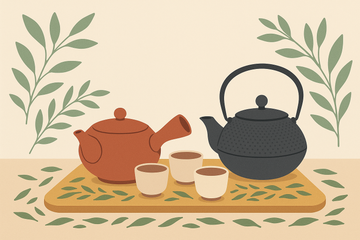 Ilustración de tetera japonesa kyusu de cerámica y tetsubin de hierro fundido con tazas y hojas de té verde