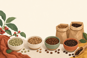 Tipos de café en grano: ilustración de granos de café de distintos tuestes y orígenes