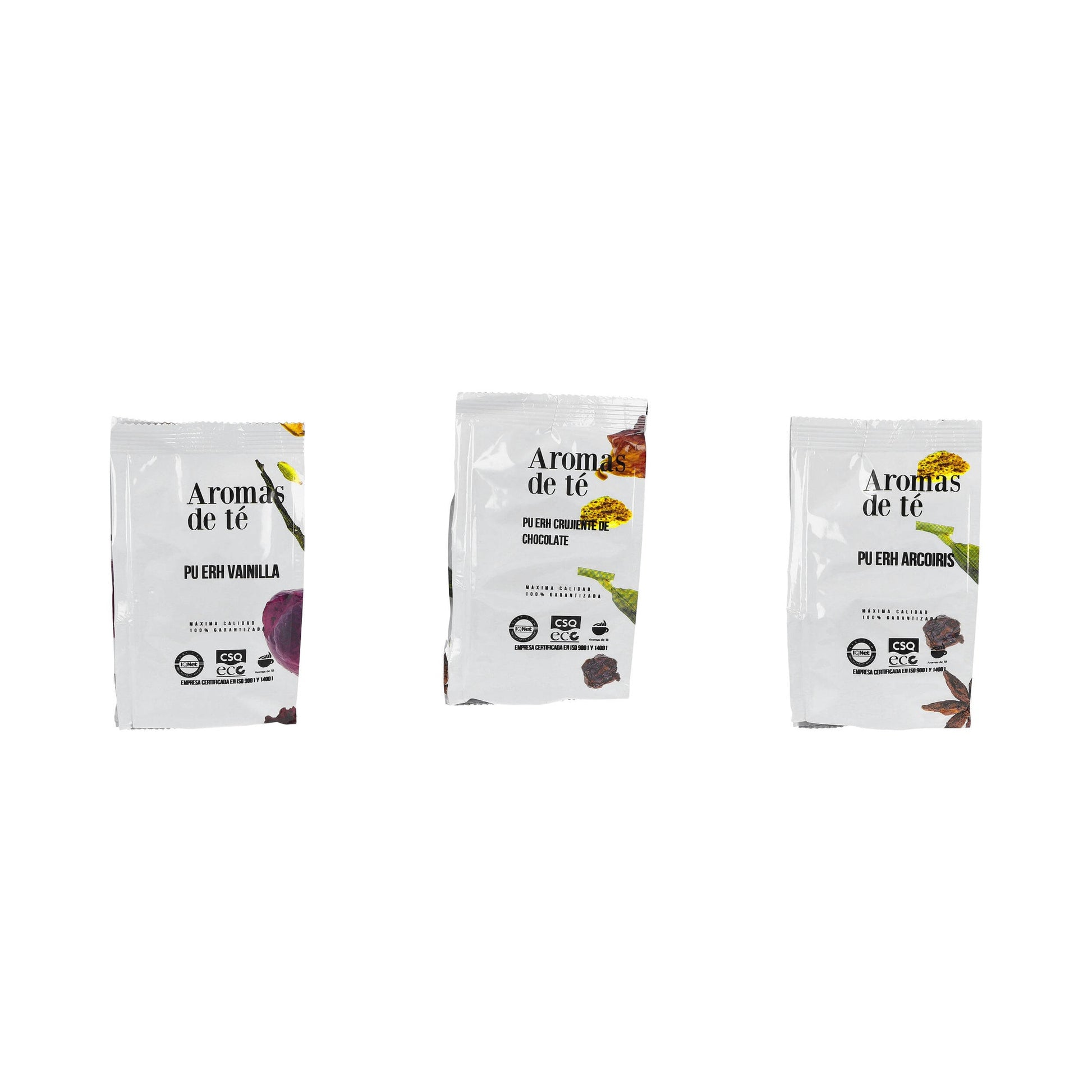 Contenido del Pack Degustación Pu Erh — Vainilla, Chocolate y Arcoiris (3 x 100 g)