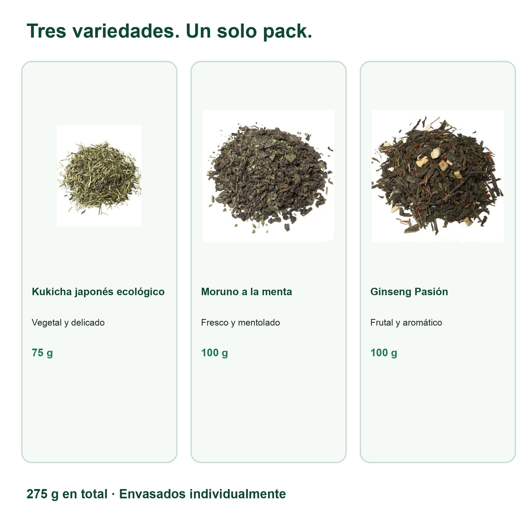 Variedades incluidas en Pack Descubrimiento de Tés Verdes — Kukicha, Moruno y Ginseng (275 g)