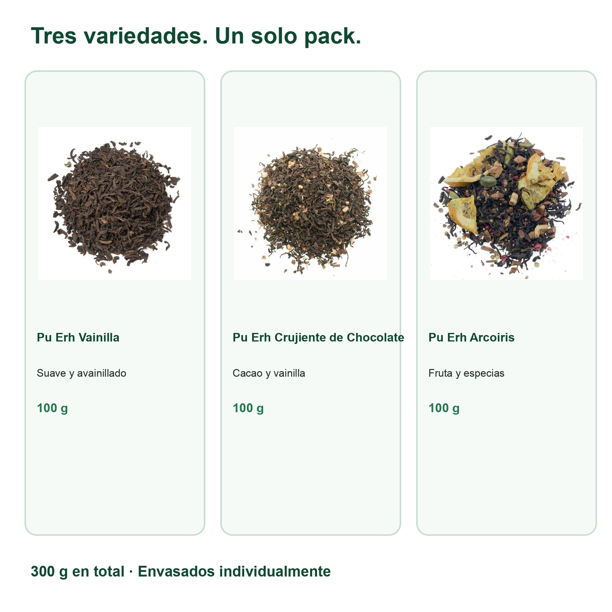 Variedades incluidas en Pack Degustación Pu Erh — Vainilla, Chocolate y Arcoiris (3 x 100 g)