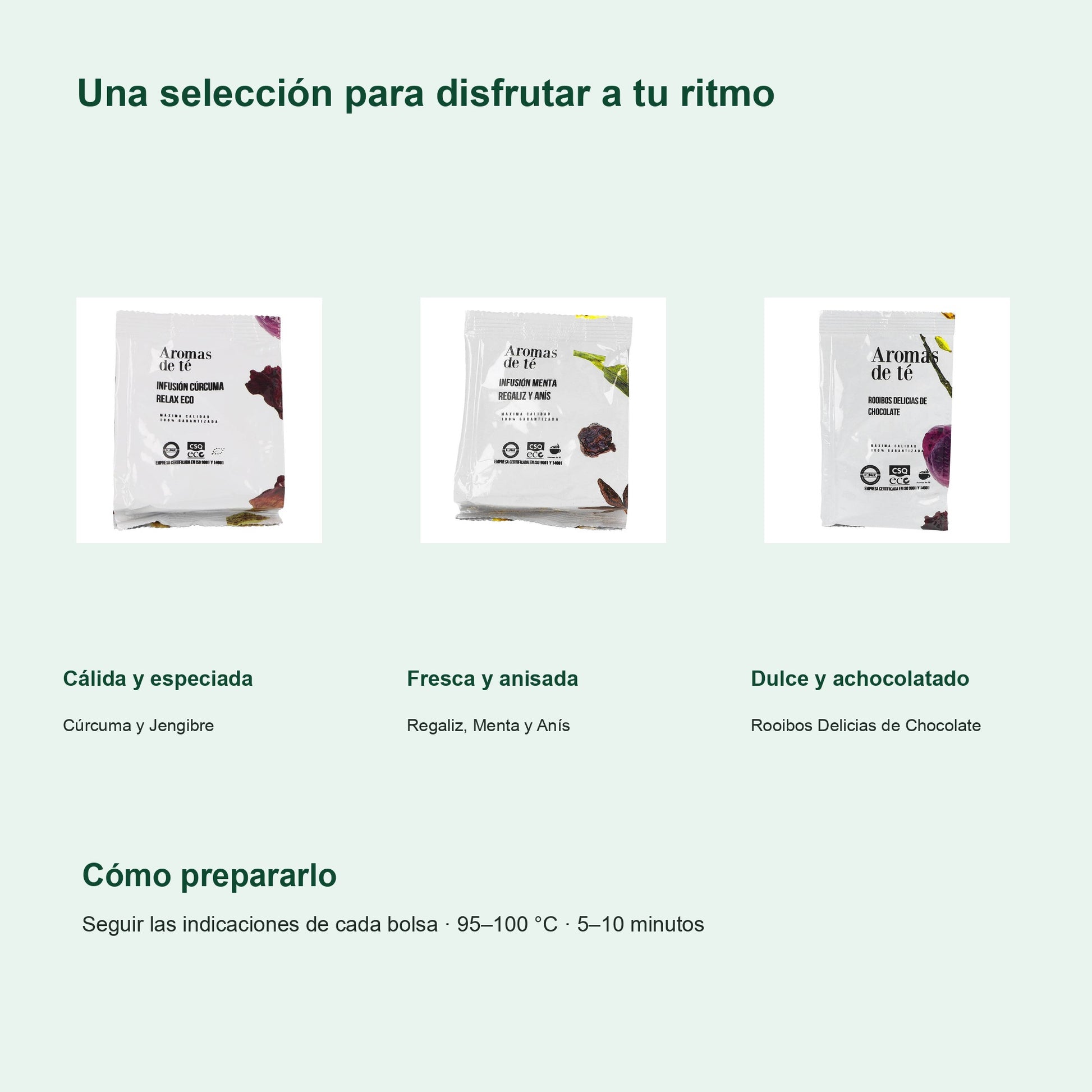 Perfiles y preparación de Pack de Infusiones y Rooibos — Cúrcuma, Regaliz y Chocolate (3 x 100 g)