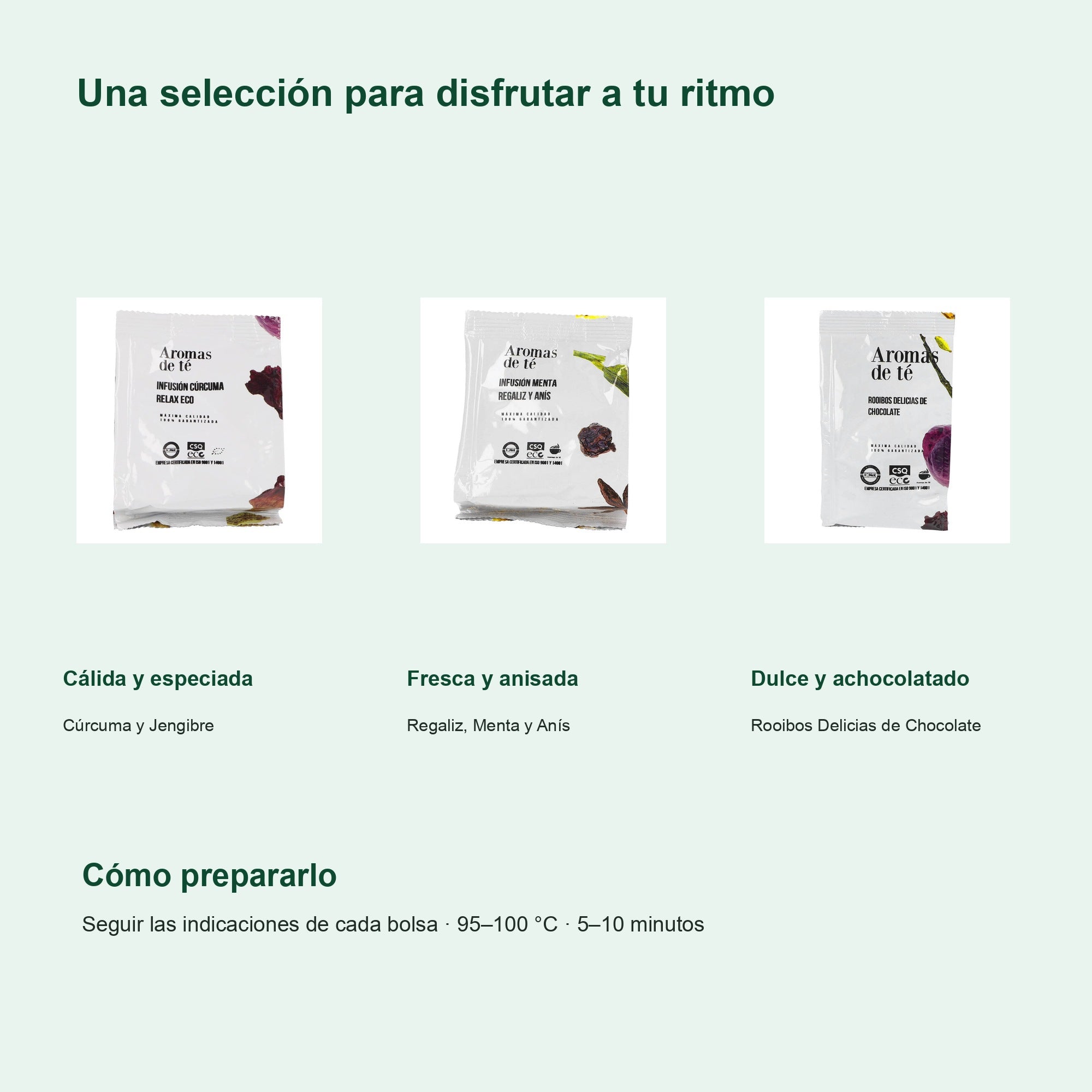 Perfiles y preparación de Pack de Infusiones y Rooibos — Cúrcuma, Regaliz y Chocolate (3 x 100 g)