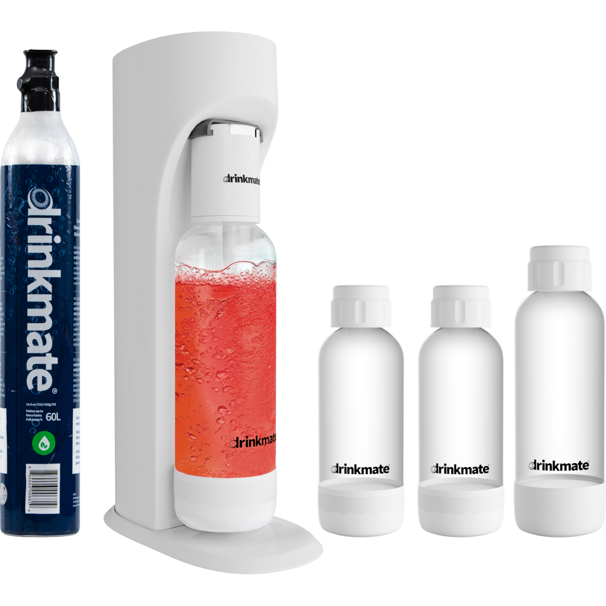 Drinkmate OmniFizz · Carbonatador para Té, Zumos y Cualquier Bebida – Con 1 cilindro CO₂ + 3 botellas extra / Blanco
