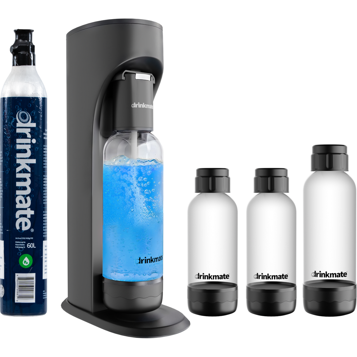 Drinkmate OmniFizz · Carbonatador para Té, Zumos y Cualquier Bebida – Con 1 cilindro CO₂ + 3 botellas extra / Negro mate