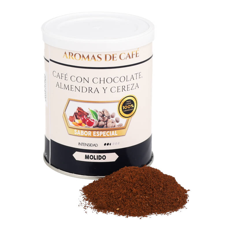 Ground coffee with chocolate, almond and cherry