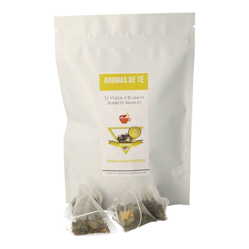 Pirámides de Té Verde y Blanco Sorbete de Mango